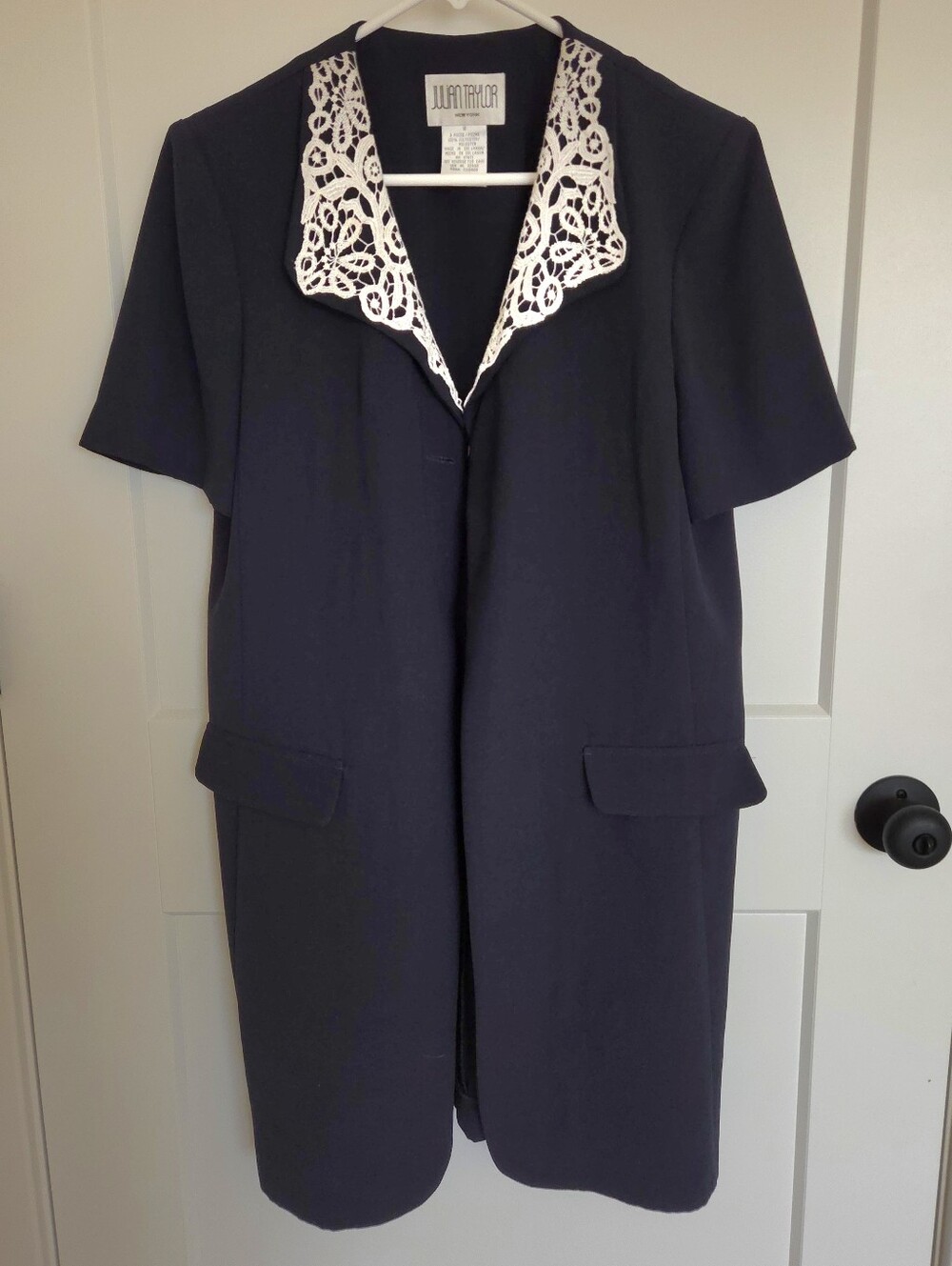 Vintage Julian Taylor Navy Blazer Jacket with White Lace Collar. Size 10. #SW